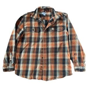 Carhartt Loose Fit Heavyweight Flannel Long-Sleeve Plaid Shirt Orange Mens Sz M